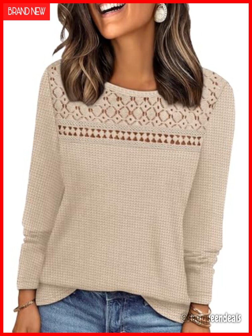 Womens Lace Long Sleeve Waffle Knit Blouse Dressy Casual Top